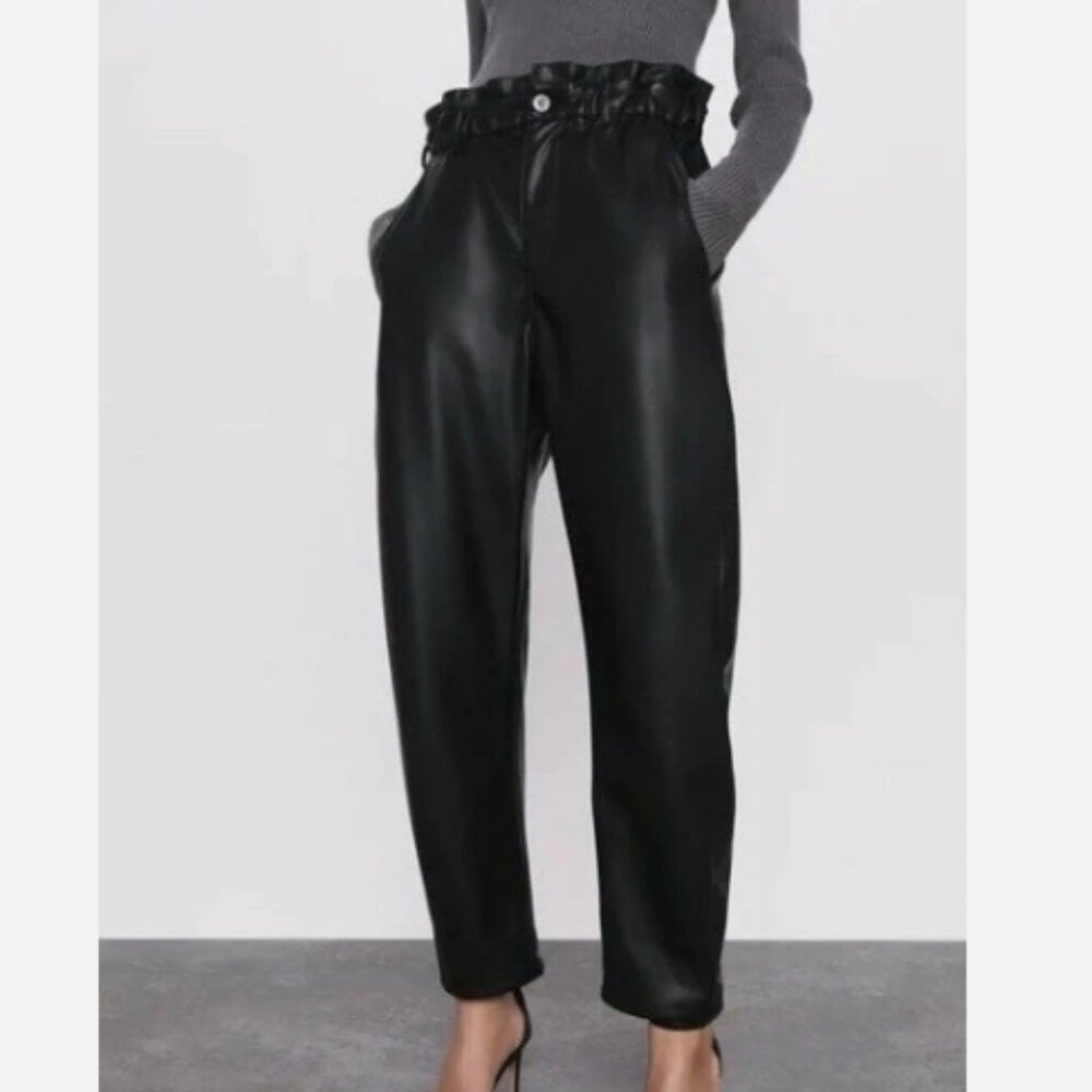 ZARA Paperbag Waist Faux Leather Crop Pants Tapered Leg Size US 4 CHIC CLASSY